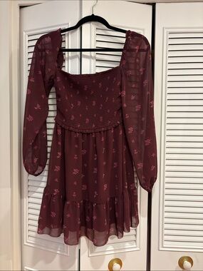 Aritzia Wilfred Burgundy Floral Smocked Dress with Pink Accents